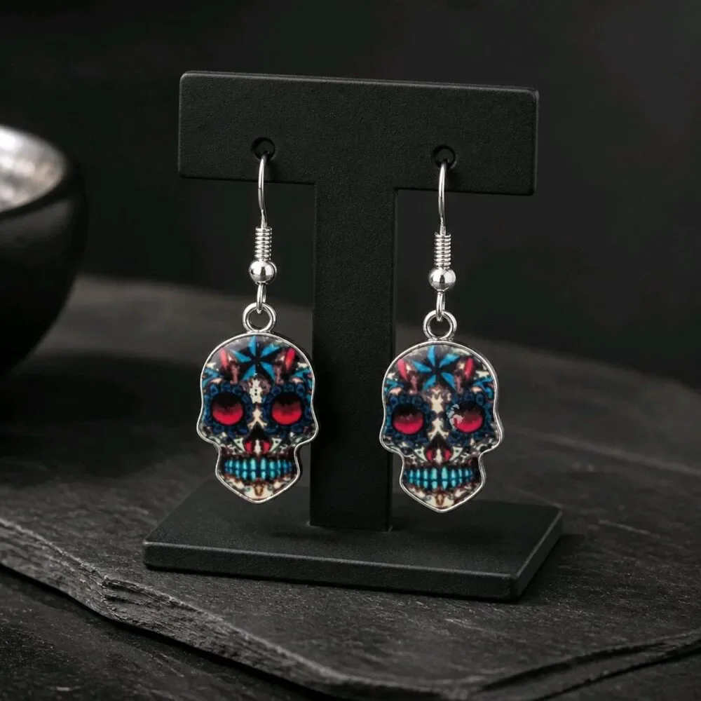 Handcrafted Day of the Dead Skulls Multicolor Dangle Earrings